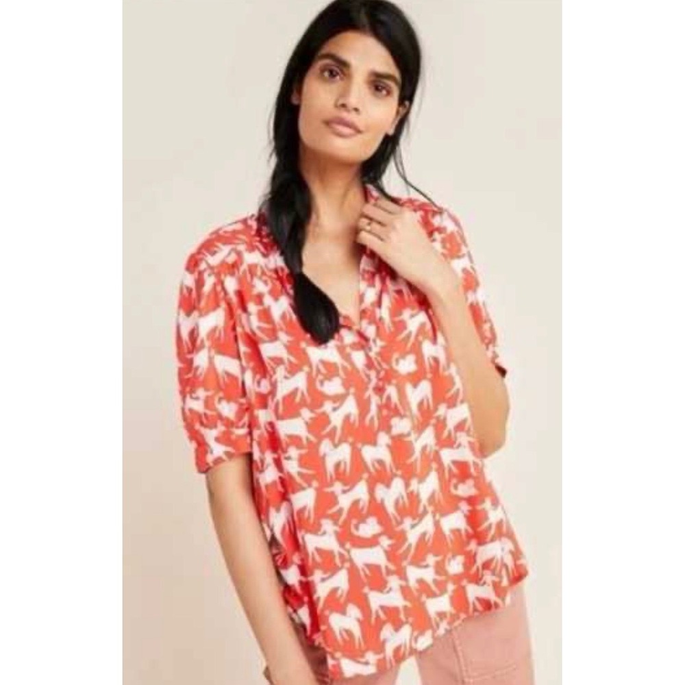 Anthropologie Emily Isabella Red Poodle Cat Print Blouse Short Sleeve Small